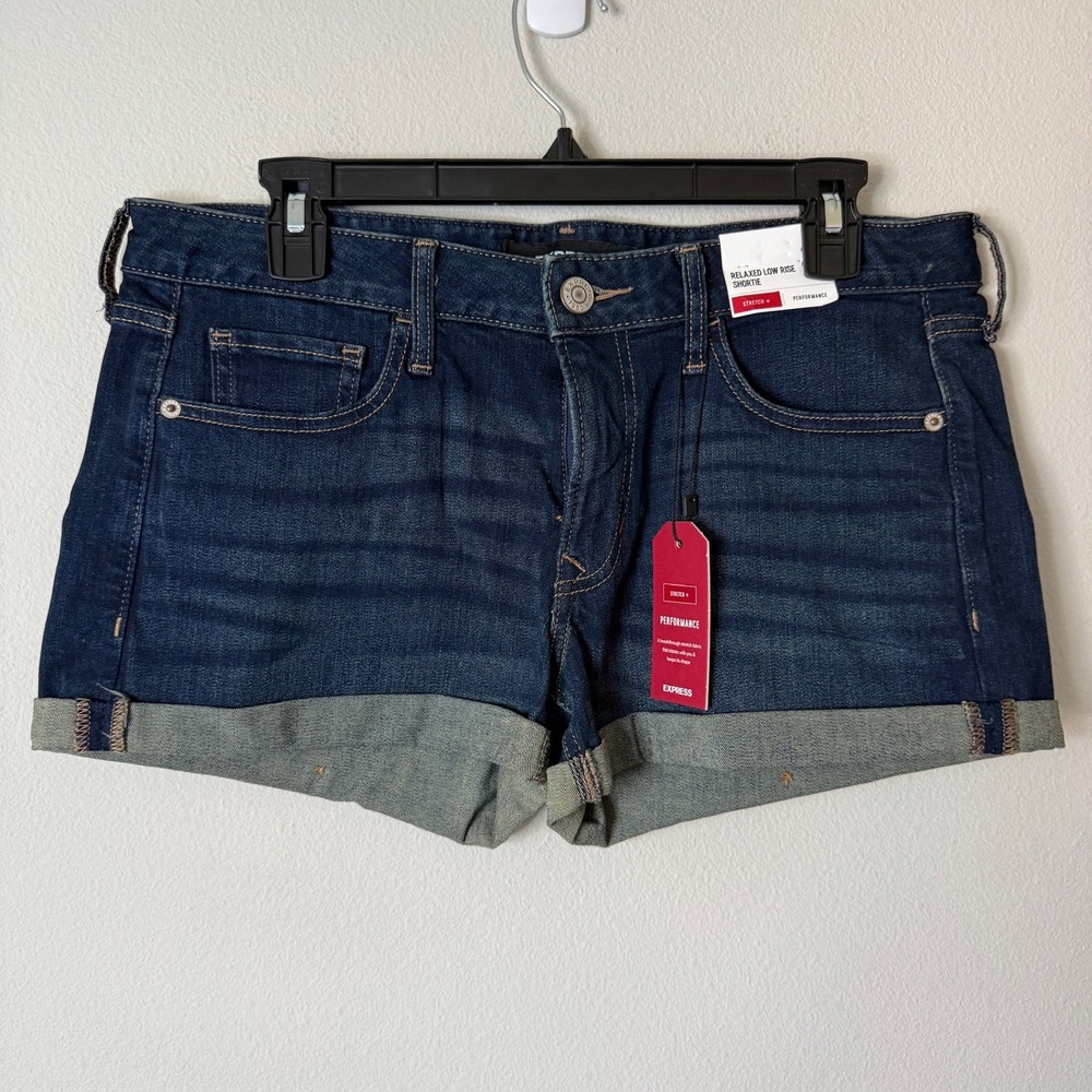 Express Relaxed Low Rise Shortie Denim Shorts Dark Wash Performance Stretch 8